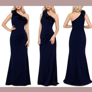 NWT Xscape Floral Applique One Shoulder Gown‎ in Navy [ PETITE 8P ]